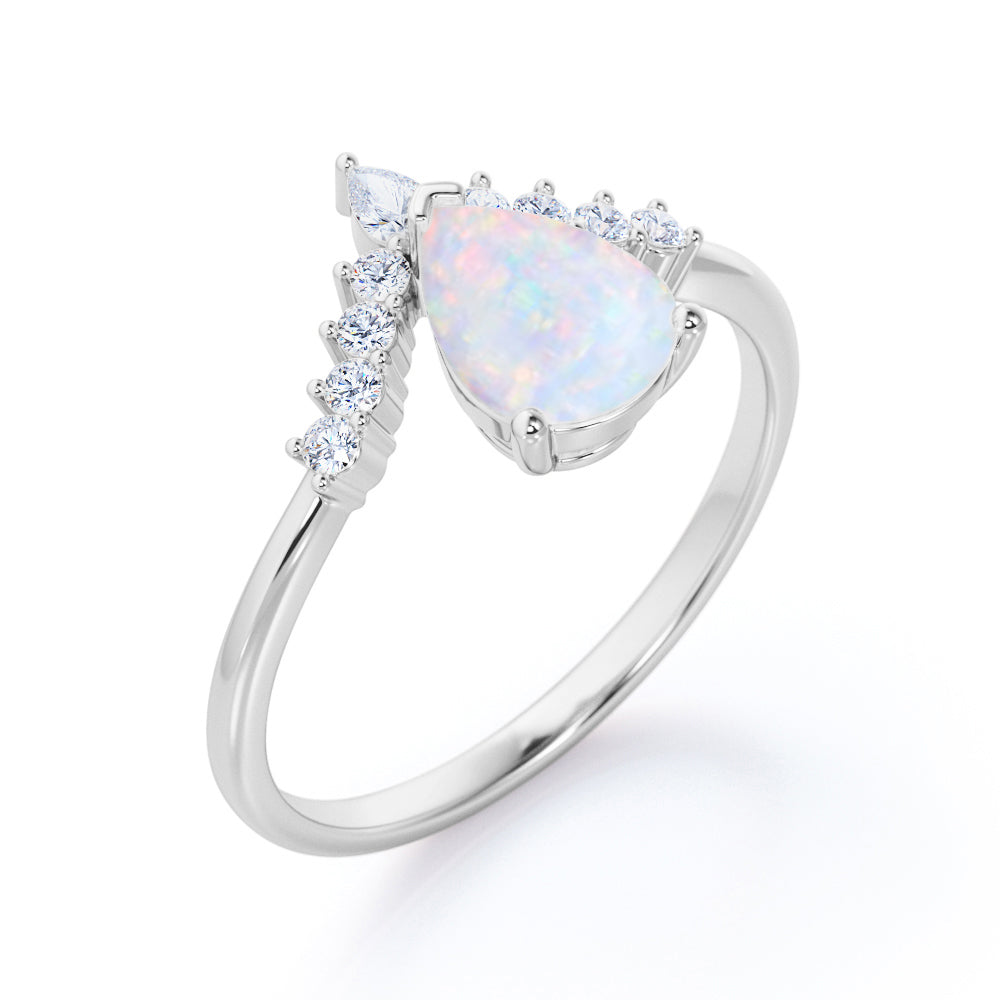 Modern 1.25 Carat Pear Cut White Opal And Diamond V Shaped Style Engagement Ring For Women In White Gold