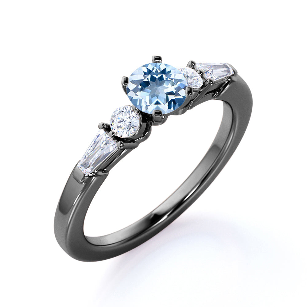 1.20 carat Round Dark Blue Created Aquamarine Cluster Antique Wedding Ring in 18k Yellow Gold over Silver