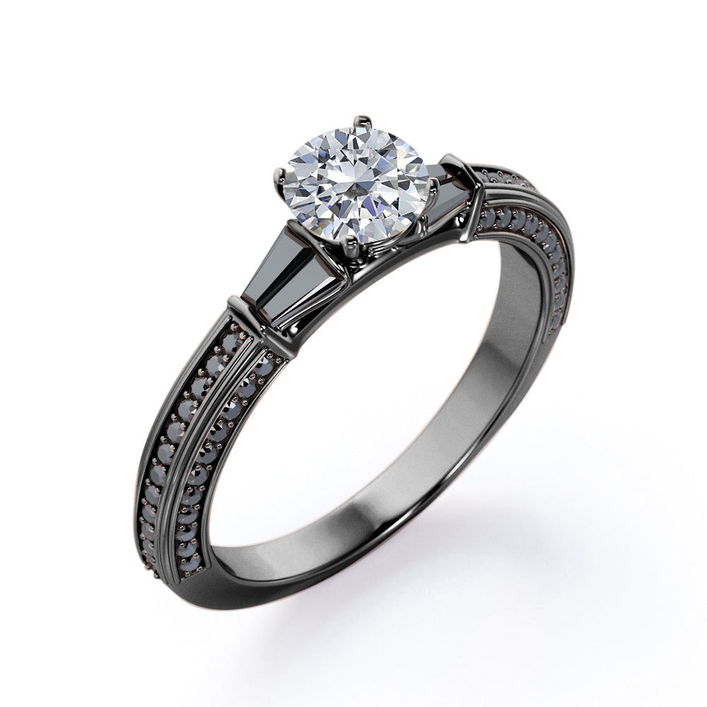 Triple Pave Channel - 0.6 TCW Round Shaped Diamond with Lab Created Black Diamond - 5 Stone Engagement Ring - 10K White Gold