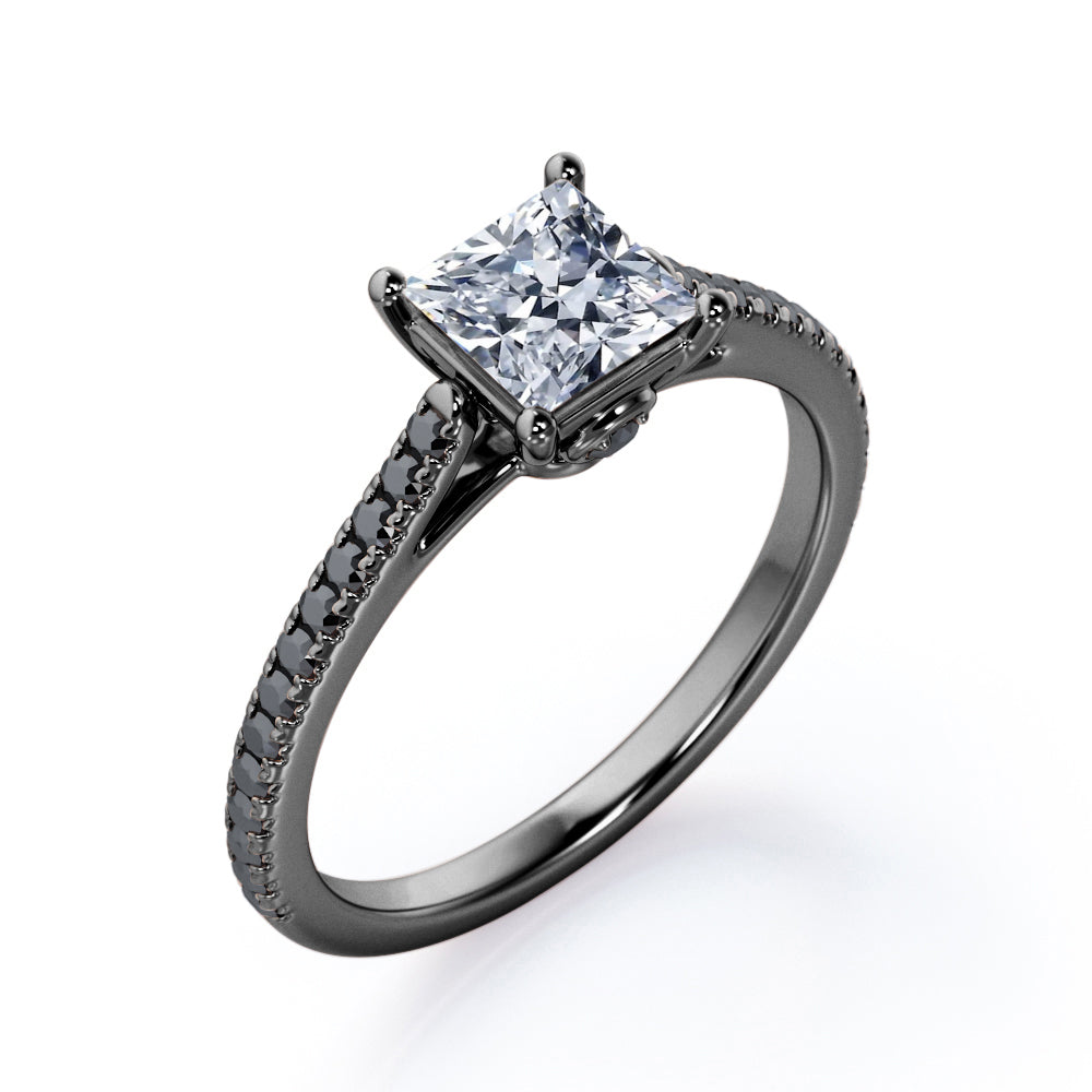 1.25 TCW Princess Cut Moissanite with Lab Created Black Diamond - Pave Setting - Prong Engagement Ring in Rose Gold