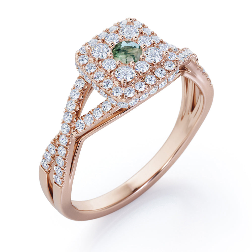 Pave Crossover - 1.25 Carat Round Cut Green Moss Agate and diamond - Flush Cluster Halo Engagement Ring in Rose Gold