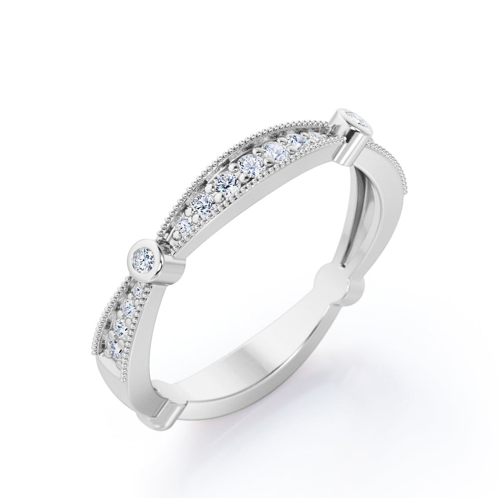 Milgrain Bright-Cut Pave 0.15 TCW Round Brilliant Cut Bezel Stackable Ring in 10K White Gold