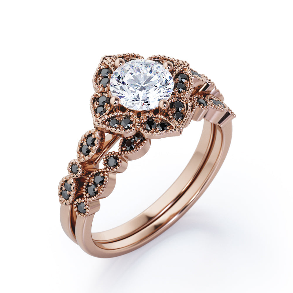 Milgrain Floral Cluster - 1.75 TCW Round Cut Moissanite with Lab Created Black Diamond - Filigree Bridal Ring Set in Rose Gold