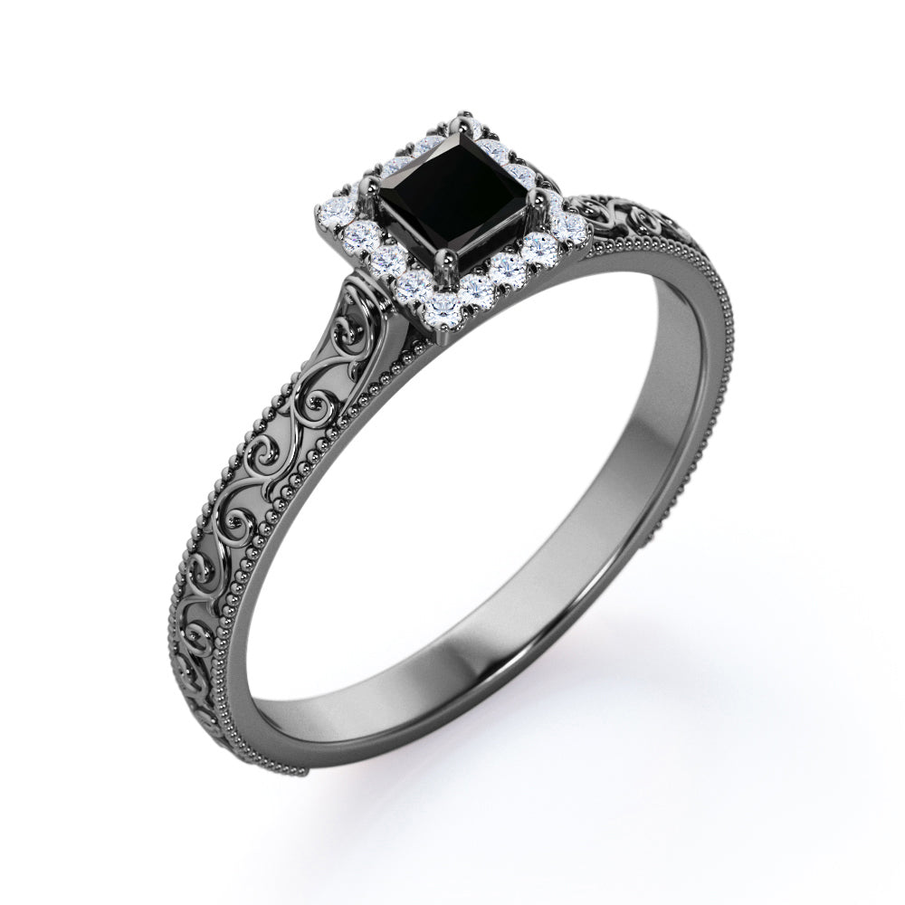 1.15 Carat Princess Cut Lab Grown Black Diamond Vintage Art Deco Engagement Ring In White Gold