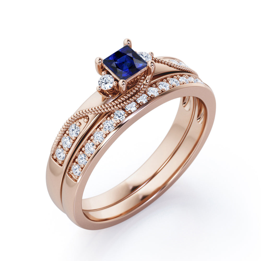 Trilogy Duo Milgrain 0.7 TCW Princess Cut Blue Sapphire and Moissanite Vintage Bridal Ring Set in Rose Gold