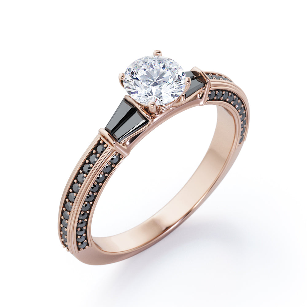 Triple Pave Channel -1.35 TCW Round Shaped Moissanite with Lab Created Black Diamond - 5 Stone Engagement Ring in Rose Gold