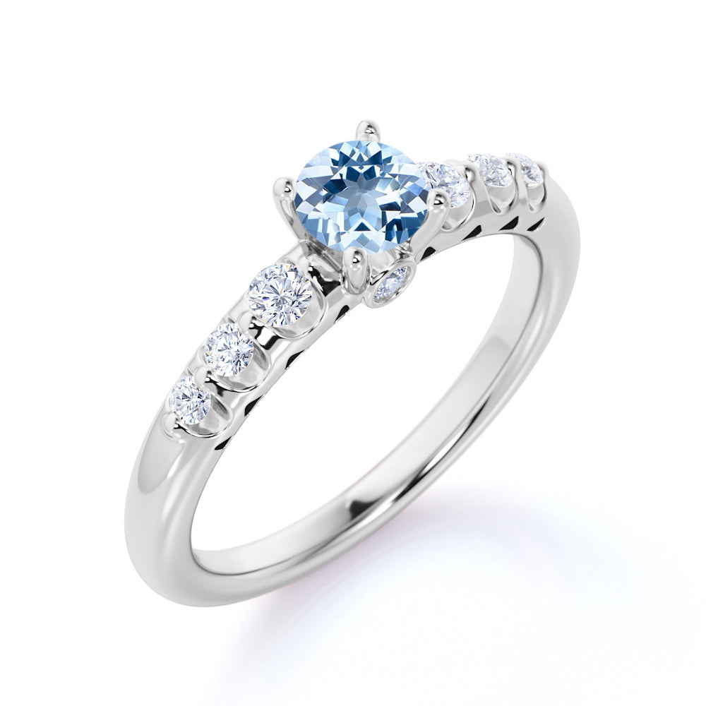 1 carat Round Dark Blue Created Aquamarine 7 Stone Antique Engagement Ring in 18k Rose Gold over Silver