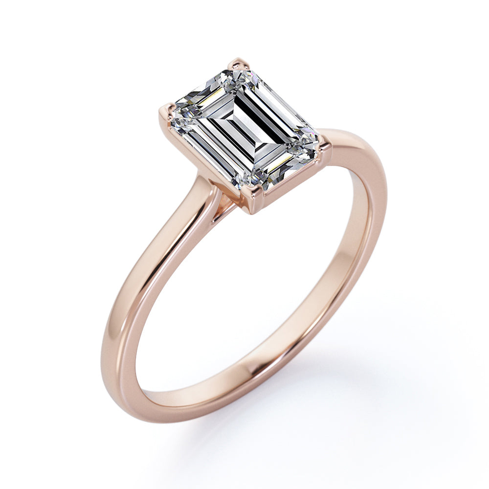 Minimalist - 1 Carat Cubic Zirconia Emerald Cut - Solitaire Prong Set Right Hand Ring - 18K White Gold Plating over Silver