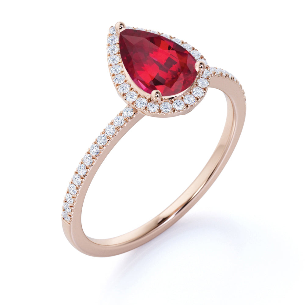 Pave 1.25 Carat Pear Cut Lab-Created Ruby and Diamond Classic Engagement Ring in White Gold