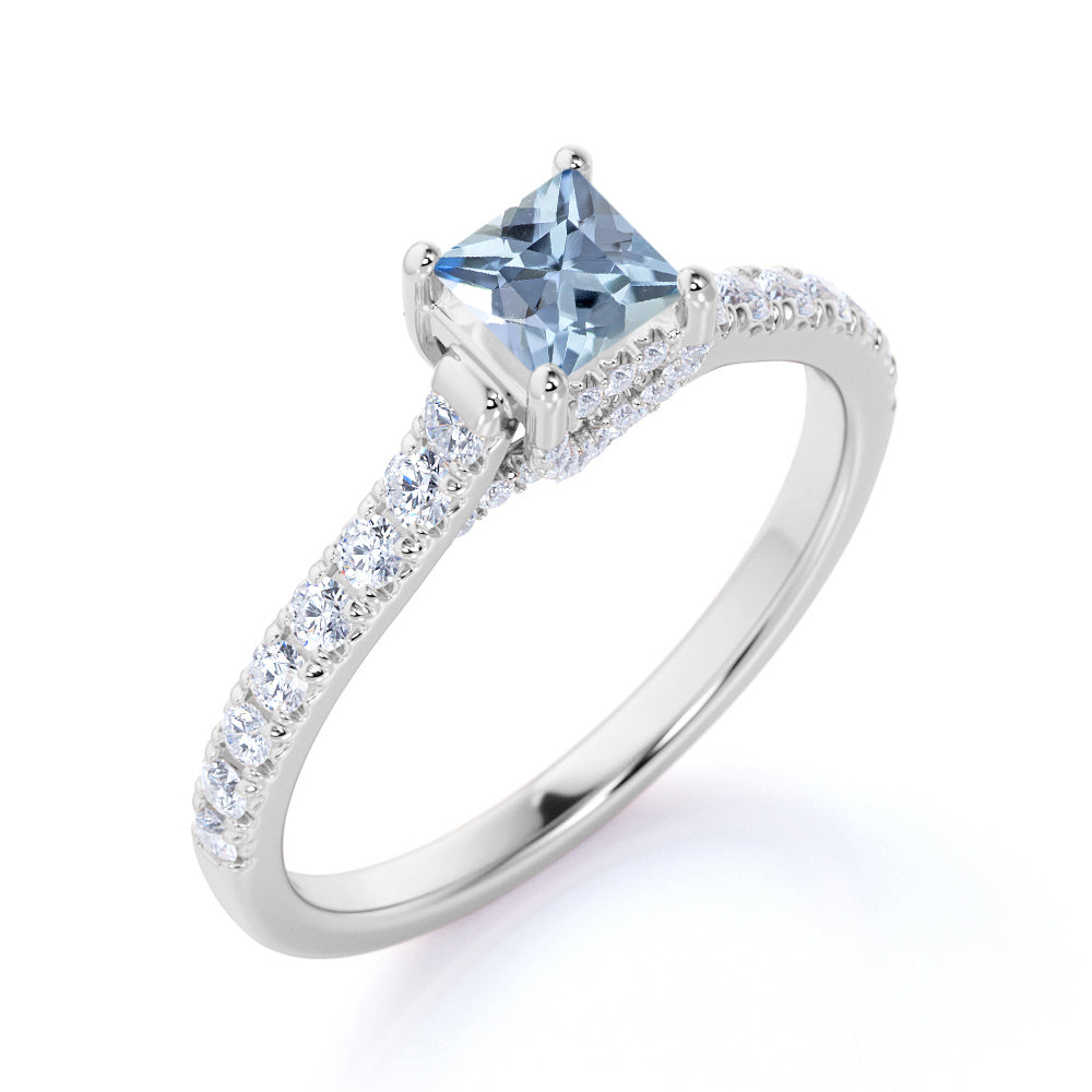 1.25 carat Princess Cut Light Blue Created Aquamarine Accent Art Deco Anniversary Ring in 18k White Gold over Silver