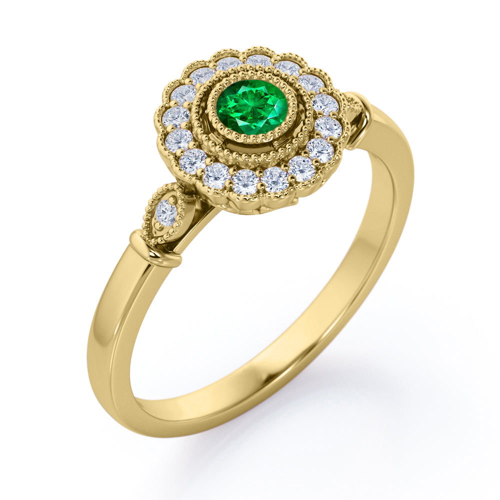 Milgrain Flower Halo 1.2 carat Carat Round Brilliant Cut Emerald and diamond Trilogy Bezel Engagement Ring in White Gold