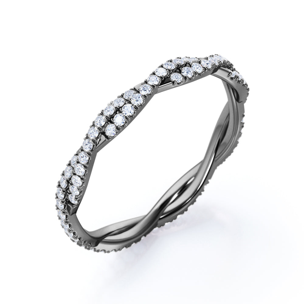 Pave Design - 0.5 Carat Cubic Zirconia Round Shape - Twisted Eternity Wedding Band - 18K White Gold Plating over Silver