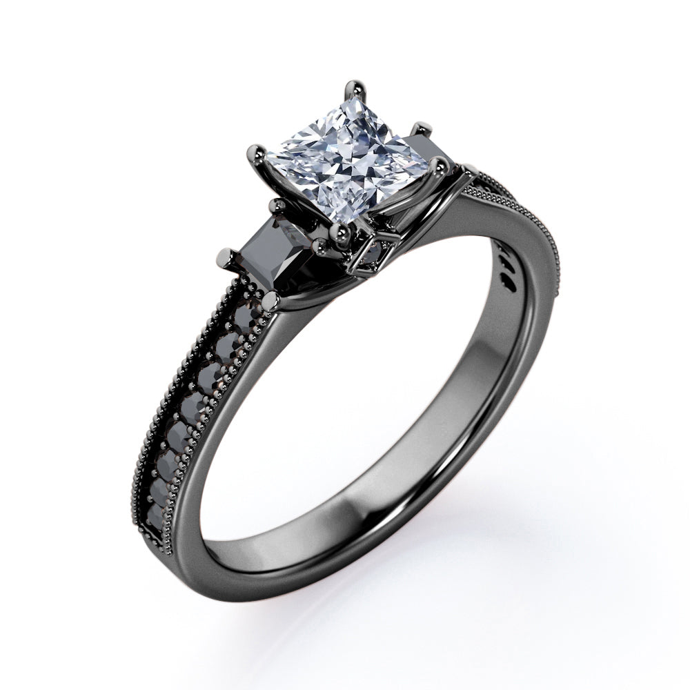 Trilogy Cathedral Prong - 0.5 TCW Princess Cut Diamond with Lab Created Black Diamond - Milgrain Pave Channel Engagement Ring - 10K White Gold