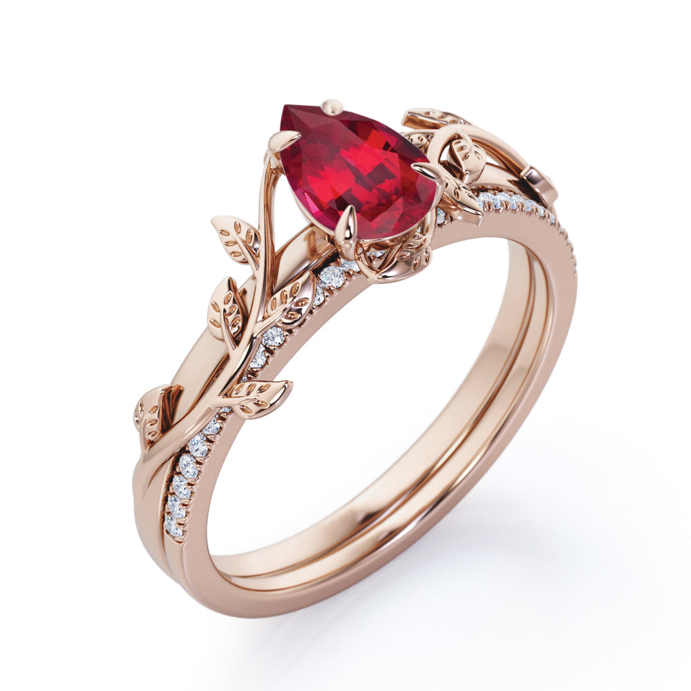 Art Deco Inspired 1.25 carat Pear Cut Lab-Created Ruby and Diamond Pave Bridal ring set in White Gold