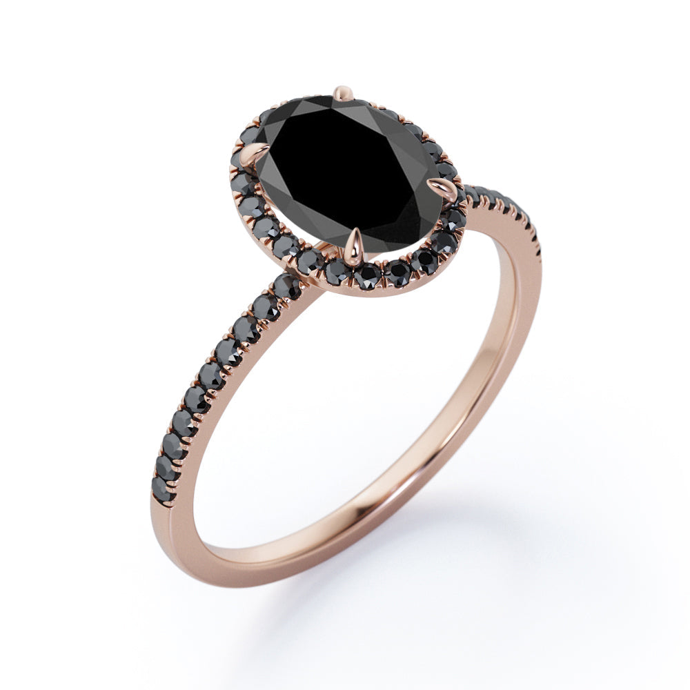 North-South Halo - 1.5 TCW Oval Shape Lab Created Black Diamond - Pave Design Engagement Ring in White Gold