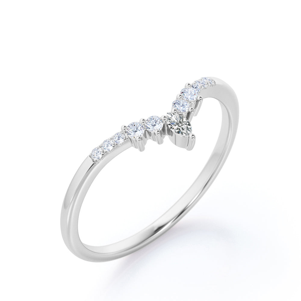 V Curved 0.15 TCW Marquise and Round Cut Moissanite Pave Prong Shank Wedding Band in White Gold