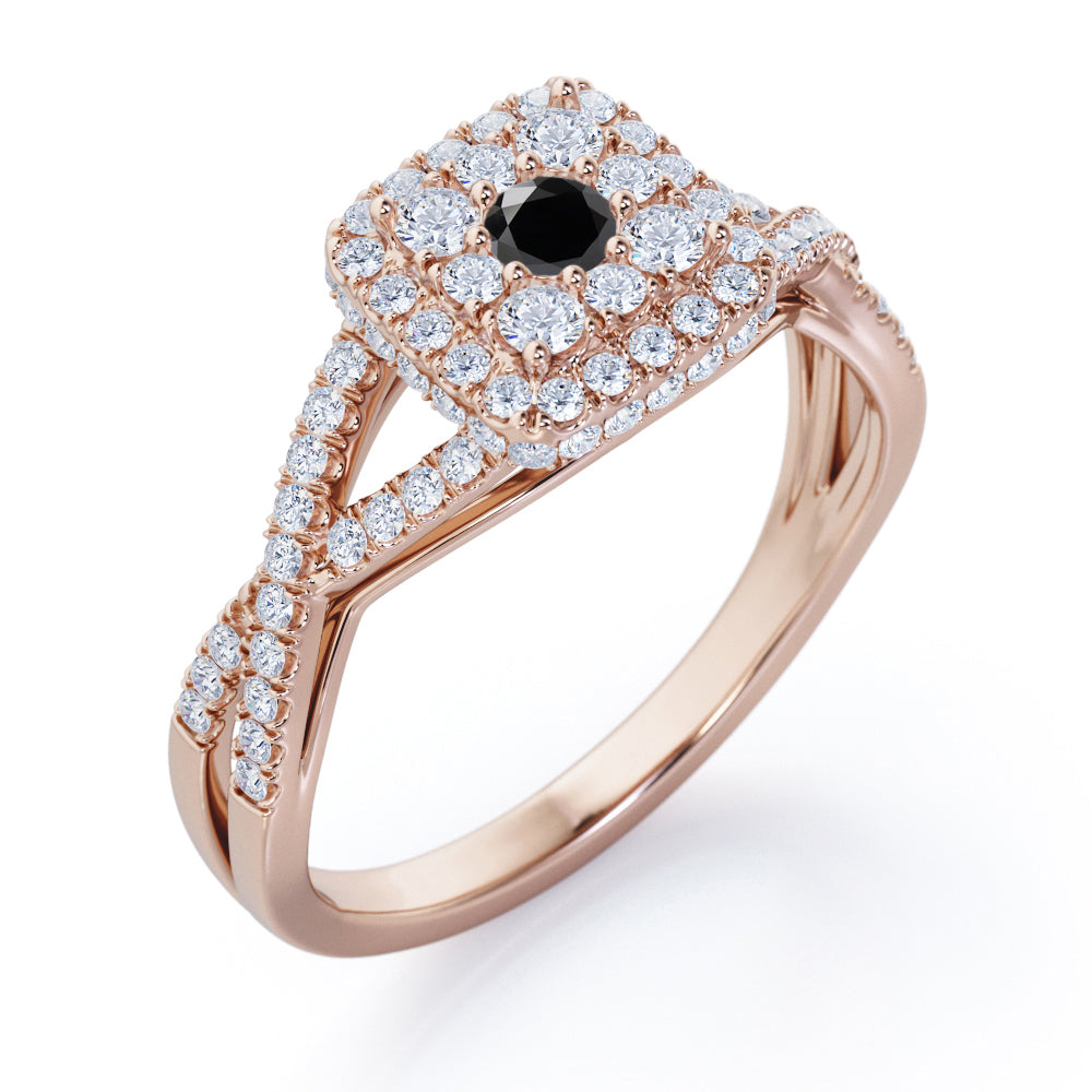 Pave Crossover - 1.25 Carat Round Cut Black Diamond - Flush Cluster Halo Engagement Ring in White Gold