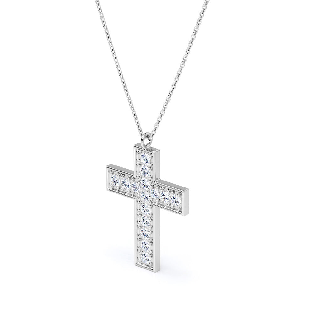 Pave-Channel 0.15 TCW Round Cut Moissanite Cross Pendant Necklace in 18K White Gold Plating over Silver