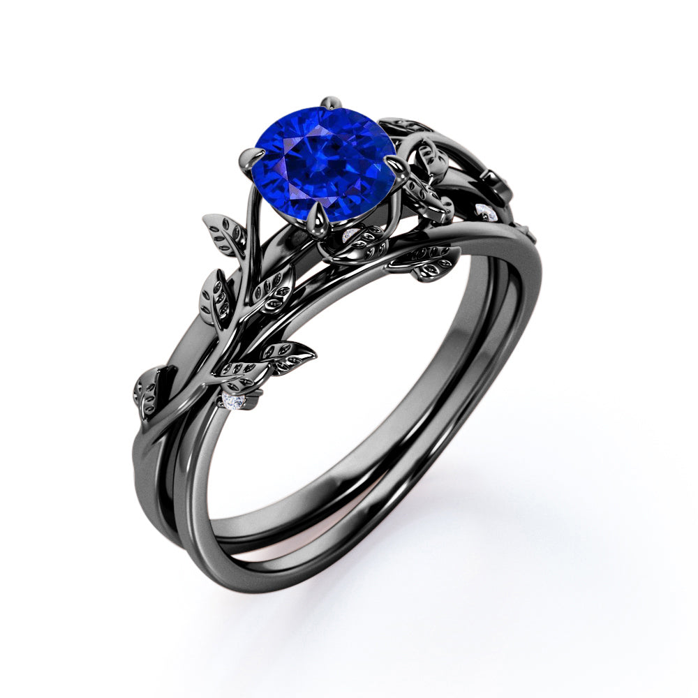 Nature Inspired 1 carat Round cut Lab-Created Sapphire and Diamond Wedding ring set in White Gold