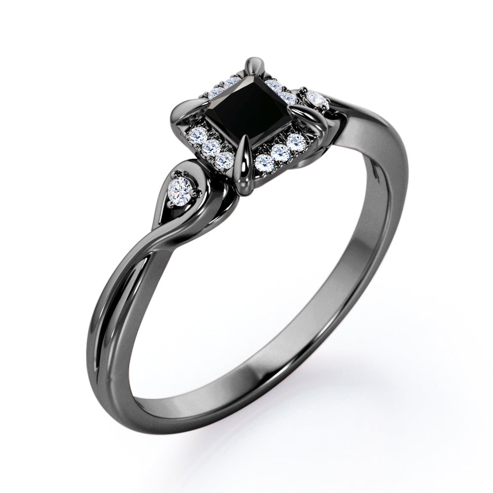 Prong and Halo 0.6 carat Princess Black Diamond Twisted Shank Engagement Ring in White Gold