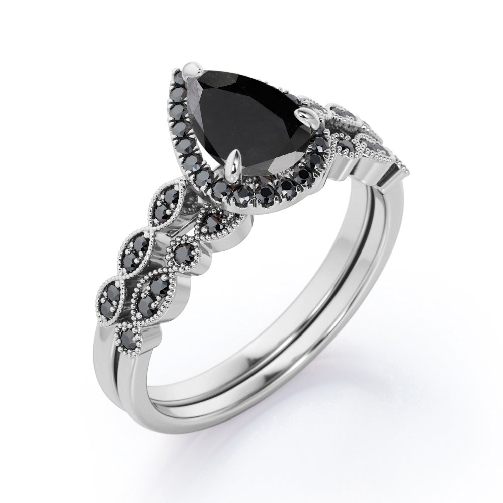 Vintage Style - 1.65 TCW Teardrop Lab Created Black Diamond - Milgrain Halo Bridal Set in White Gold