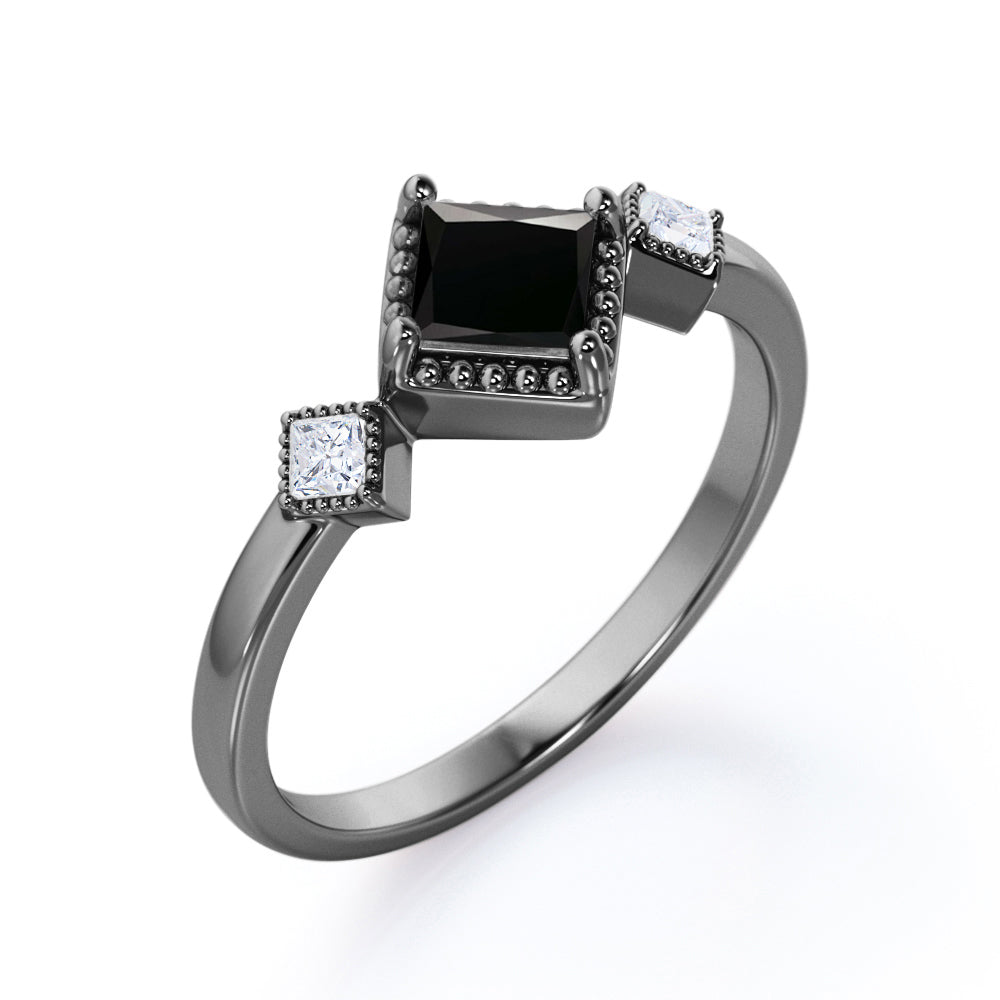 1 carat princess cut Black Diamond three stone pave engagement ring in white gold