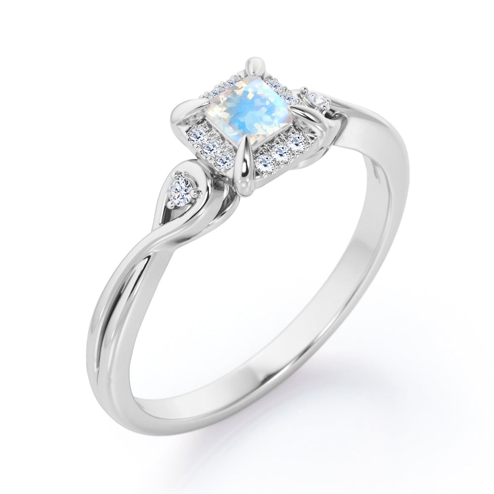 Prong and Halo 0.6 carat Princess Moonstone and Moissanite Twisted Shank Engagement Ring in White Gold