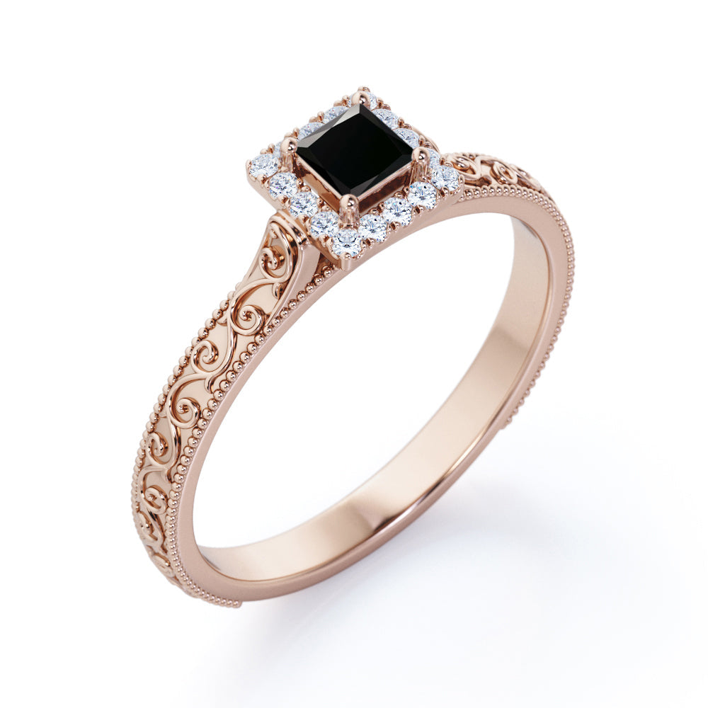 1.15 Carat Princess Cut Lab Grown Black Diamond Vintage Art Deco Engagement Ring In White Gold