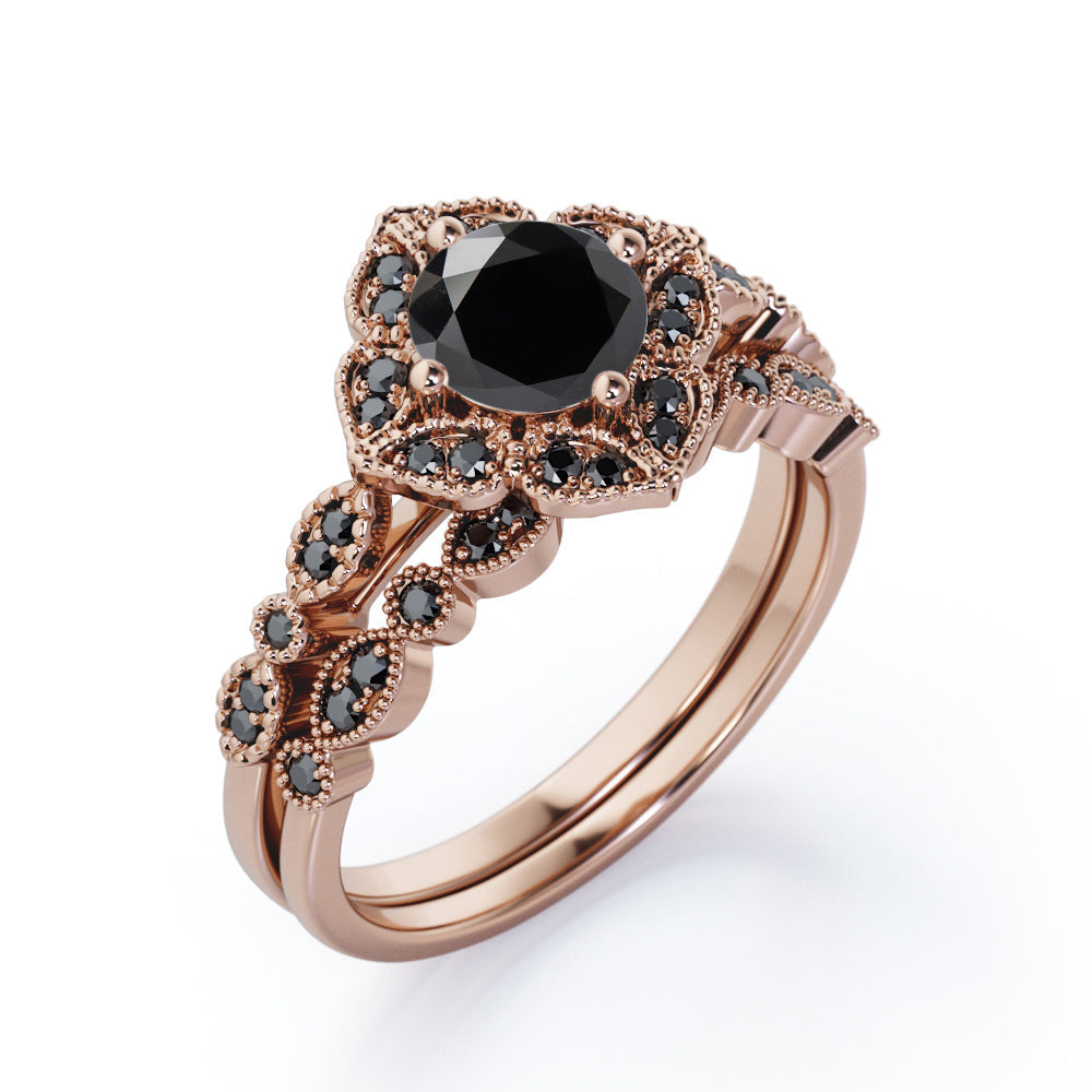 Milgrain Floral Cluster - 1.75 TCW Round Cut Lab Created Black Diamond - Filigree Bridal Ring Set in White Gold