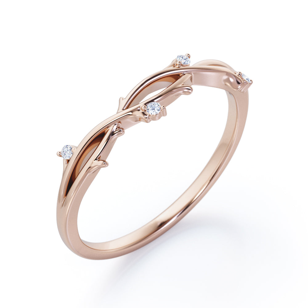 Nature Inspired - 0.10 TCW Round Cut Moissanite- Crossover Twig Stackable Ring - White Gold