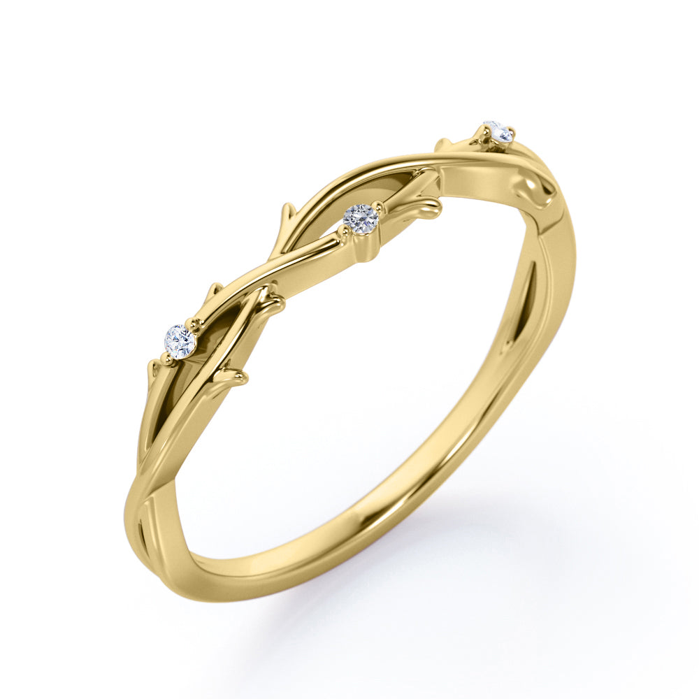 3-Stone Crossover Twig - 0.10 TCW Round Shape Moissanite- Inspired by Nature Wedding Band - Rose Gold