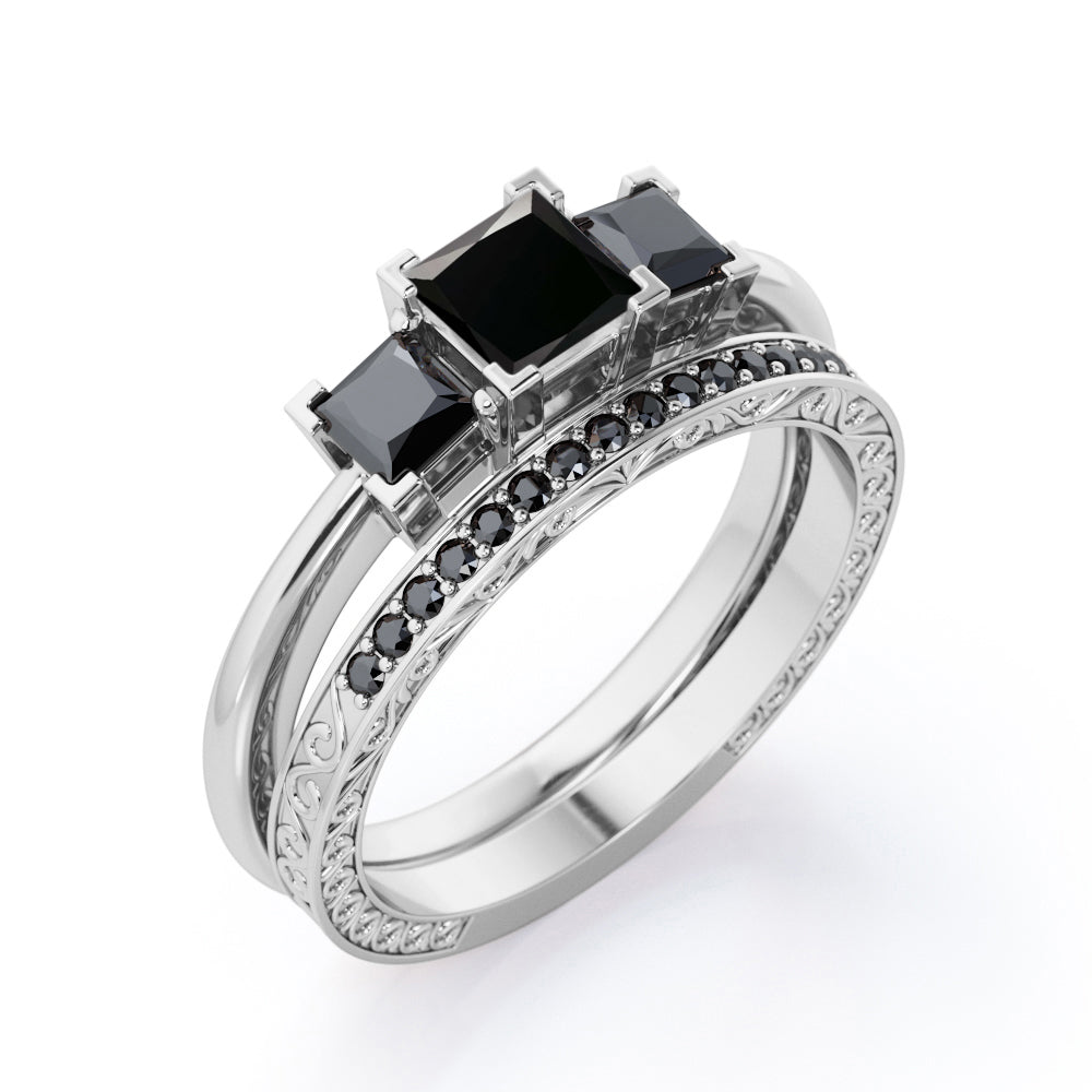 Triple Stone Square V-Prong 1.45 TCW Princess Cut Lab Created Black Diamond Filigree Wedding Set in White Gold