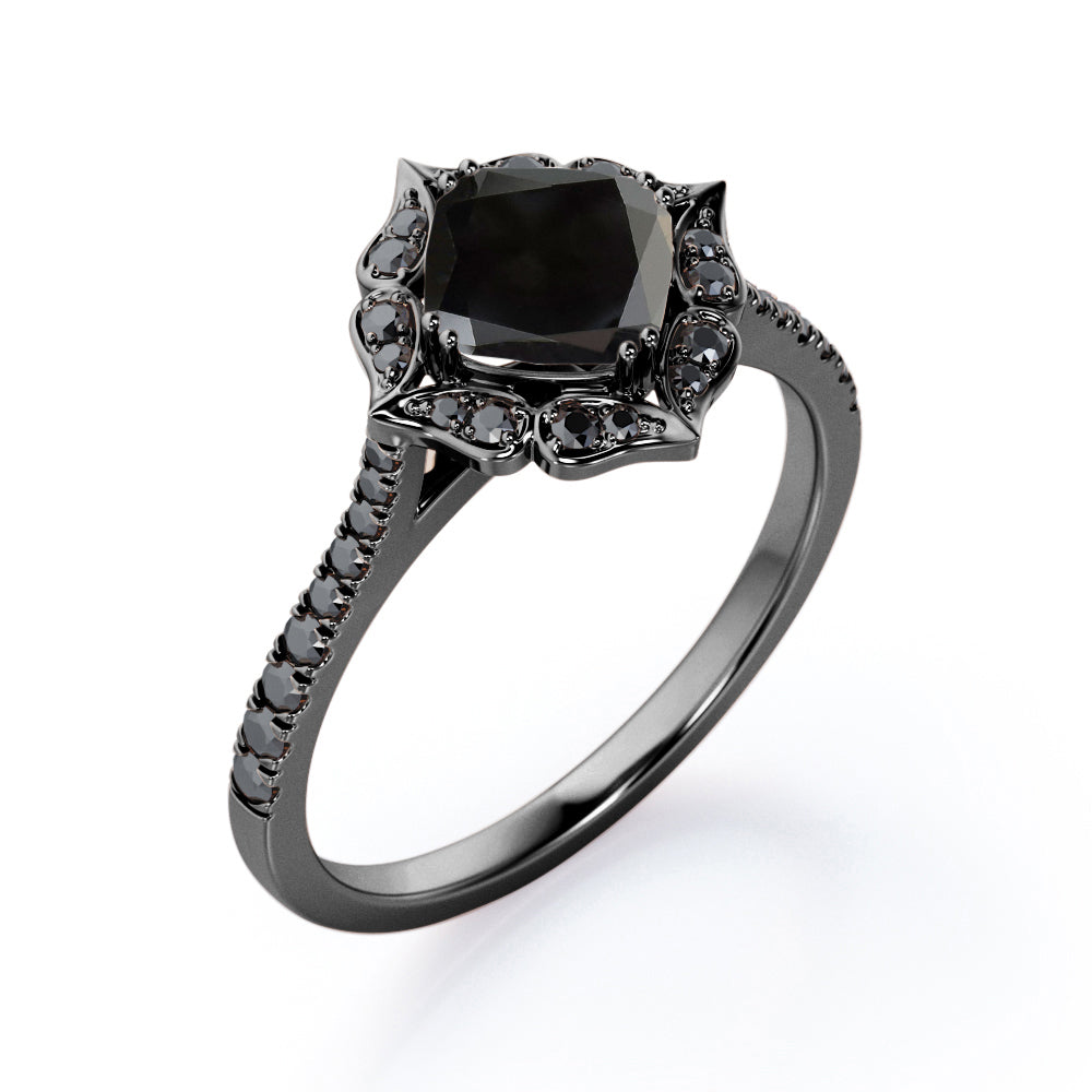 Vintage Filigree Cluster 1.5 TCW Cushion Cut Lab Created Black Diamond Engagement Ring with Pave Accents in White Gold