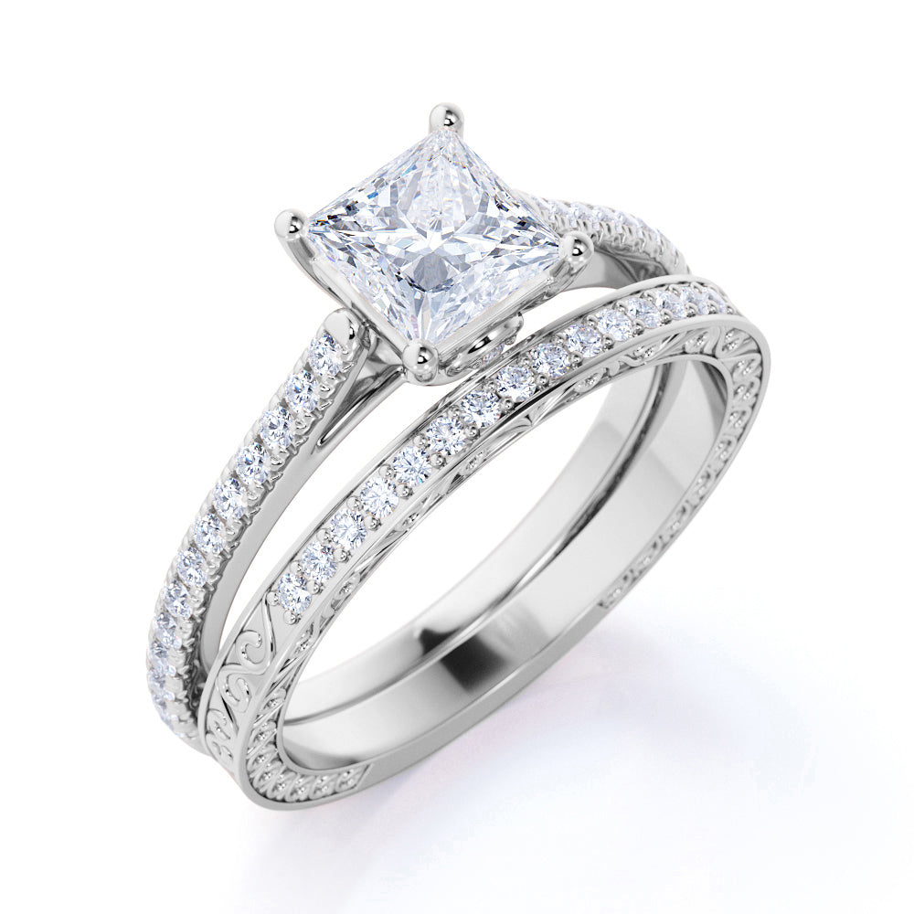 1.25 ct - Princess Cut Diamond - Pave Band - Simple Antique Engagement Ring Set - 10K White Gold