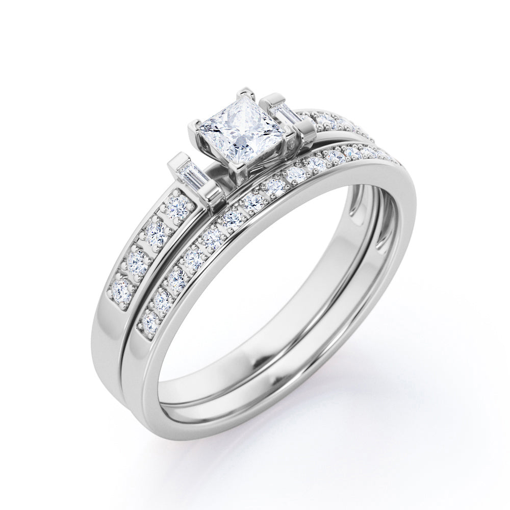 Pave-Channel 0.45 TCW Princess Cut Diamond Trilogy V-Prong Bridal Ring Set in White Gold