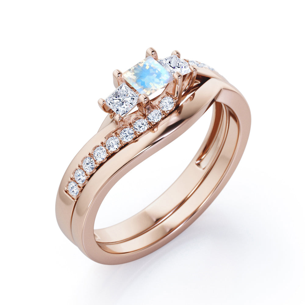 3 Stone Shared Prong - 1 TCW Princess Cut Moonstone and Moissanite - Pave Curved Shank Wedding Set - rose Gold