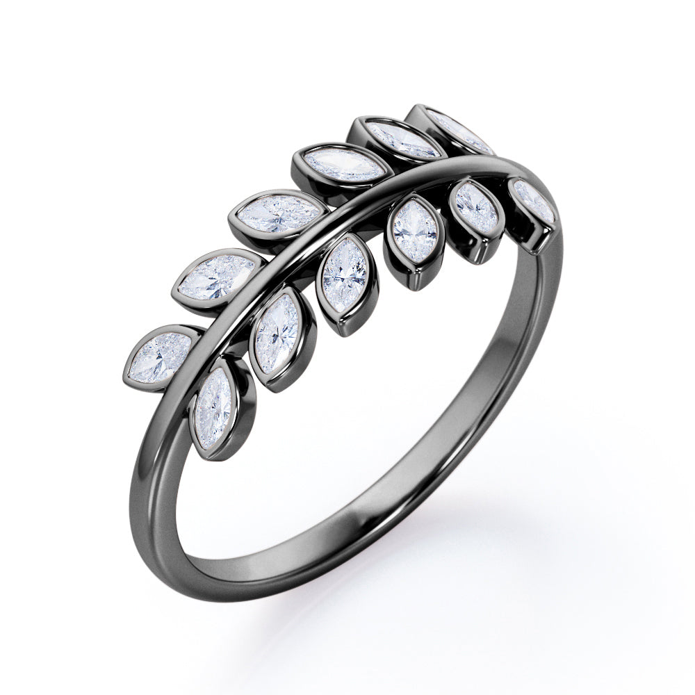 Inspired by Nature - 0.25 TCW Marquise Shaped Moissanite - Olive Leaf Stackable Ring - Black Gold