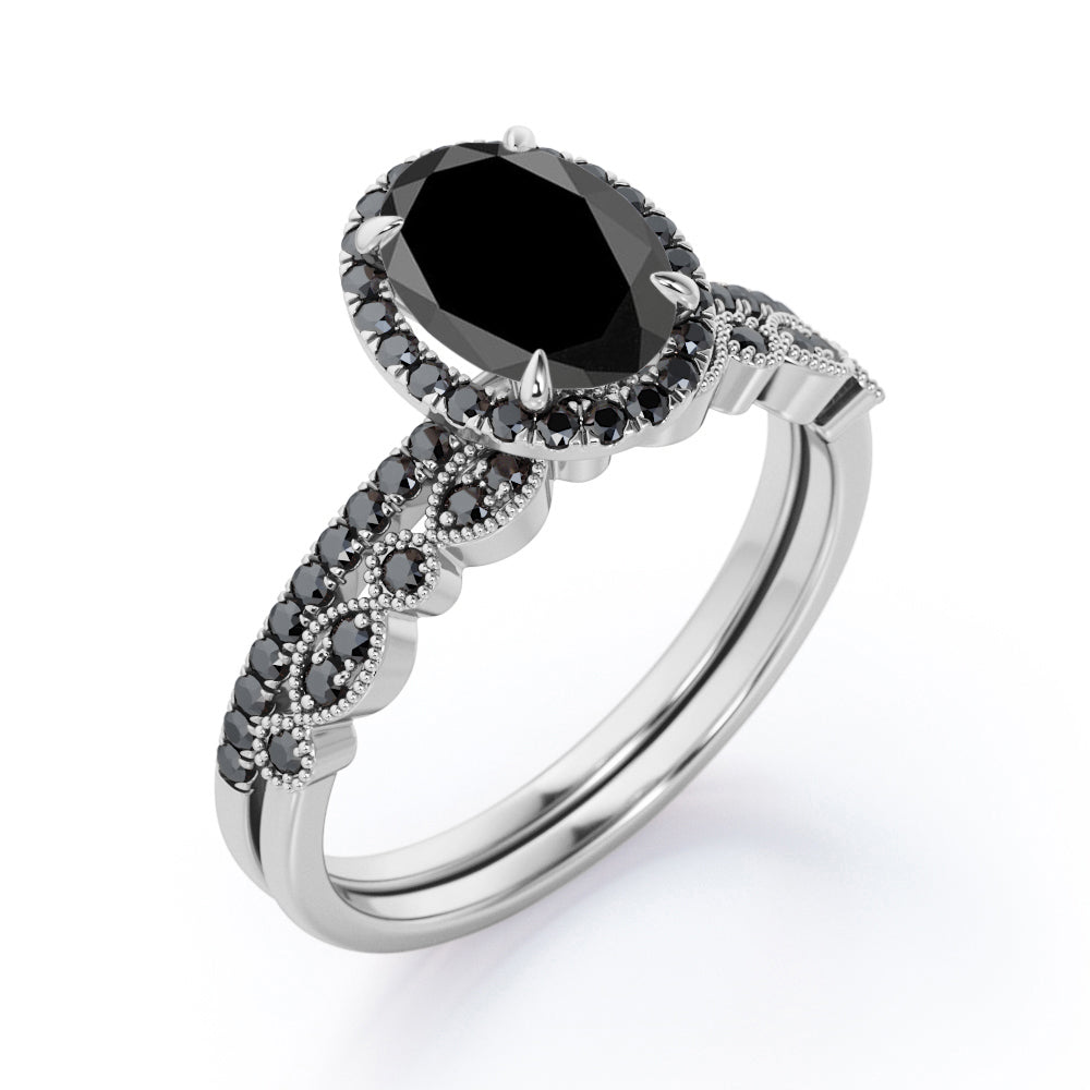 1.65 TCW Oval Cut Lab Created Black Diamond - Milgrain Filigree - Scalloped Pave Bridal Ring Set in White Gold