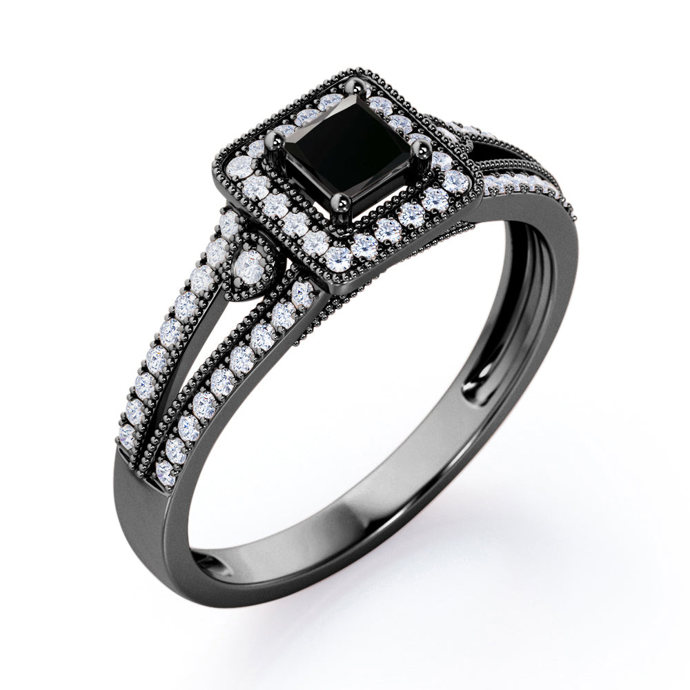 Split-Shanked Pave 1.55 Carat Princess Cut Black Diamond Milgrain-Bordered Halo Engagement Ring in White Gold