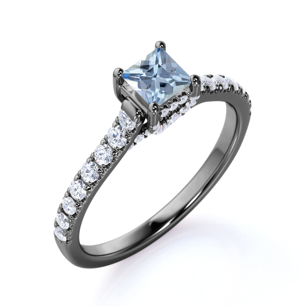 1.25 carat Princess Cut Light Blue Created Aquamarine Accent Art Deco Anniversary Ring in 18k White Gold over Silver