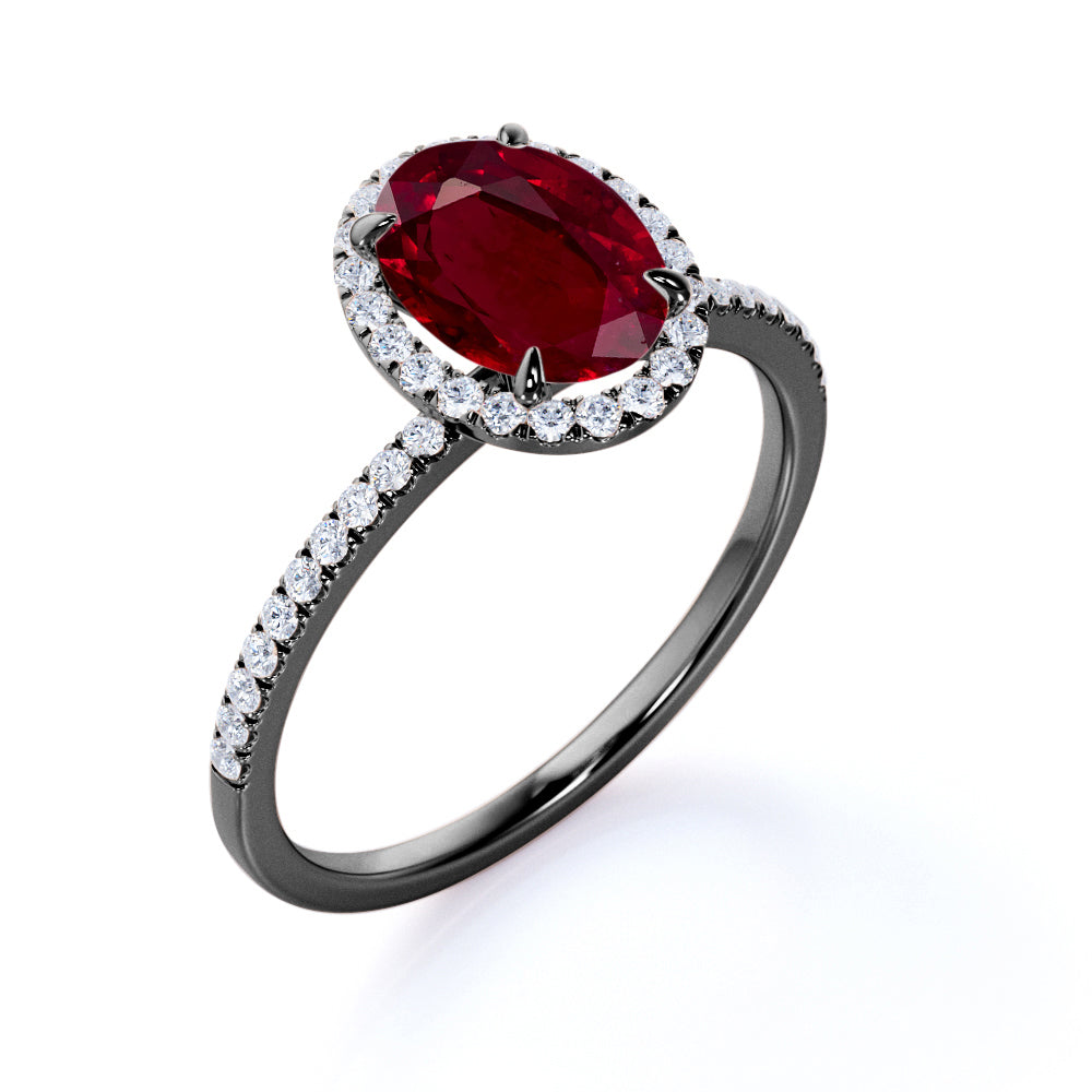 Antique 1.25 Carat Oval Cut Lab-Created Ruby and Diamond Halo Engagement Ring in Rose Gold