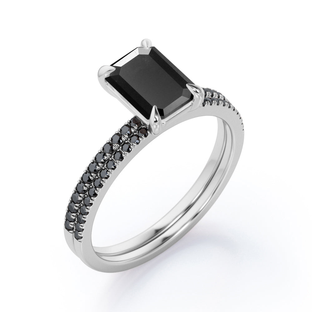 4-Prong Setting 1.65 TCW Emerald Cut Lab Created Black Diamond Wedding Set with Pave Accents in White Gold