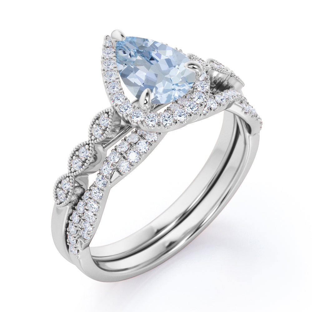 1.65 Carat Pear Cut Aquamarine And Diamond Art Deco Wedding Ring Set In White Gold