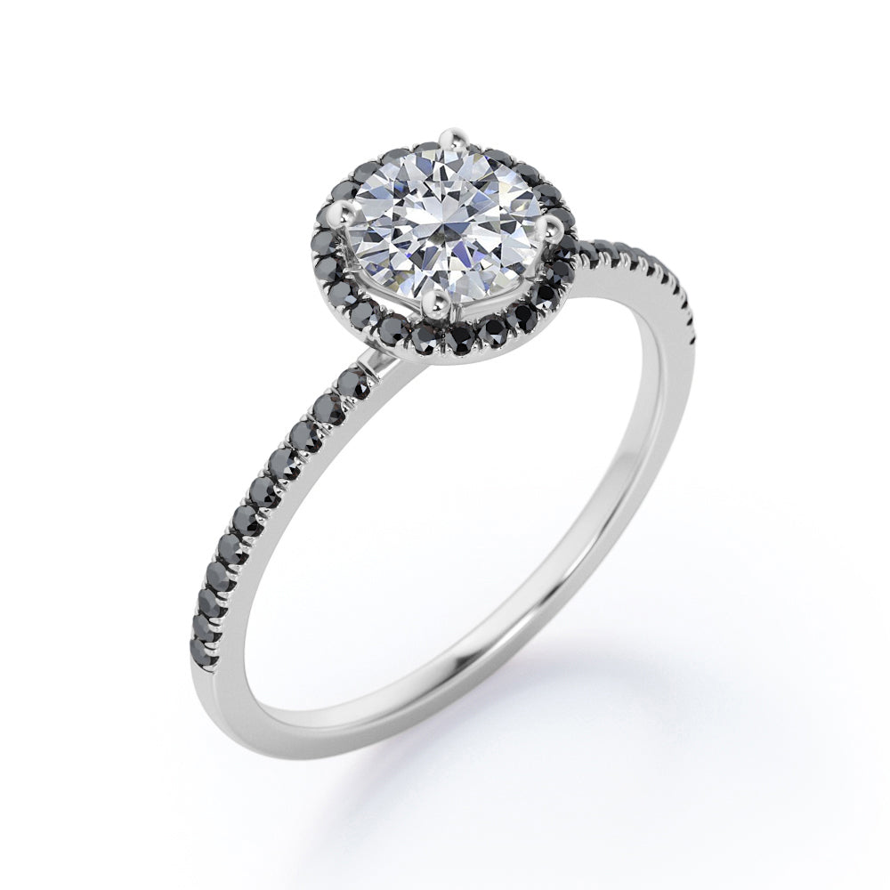 4-Prong Halo 1.5 TCW Round Shape Moissanite with Lab Created Black Diamond Pave-Style Engagement Ring in White Gold