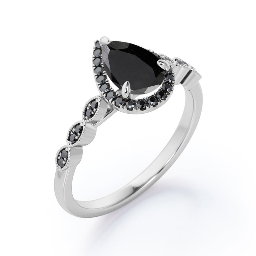 Art-Deco Filigree Milgrain 1.4 TCW Pear Cut Lab Created Black Diamond Halo Design Engagement Ring in White Gold