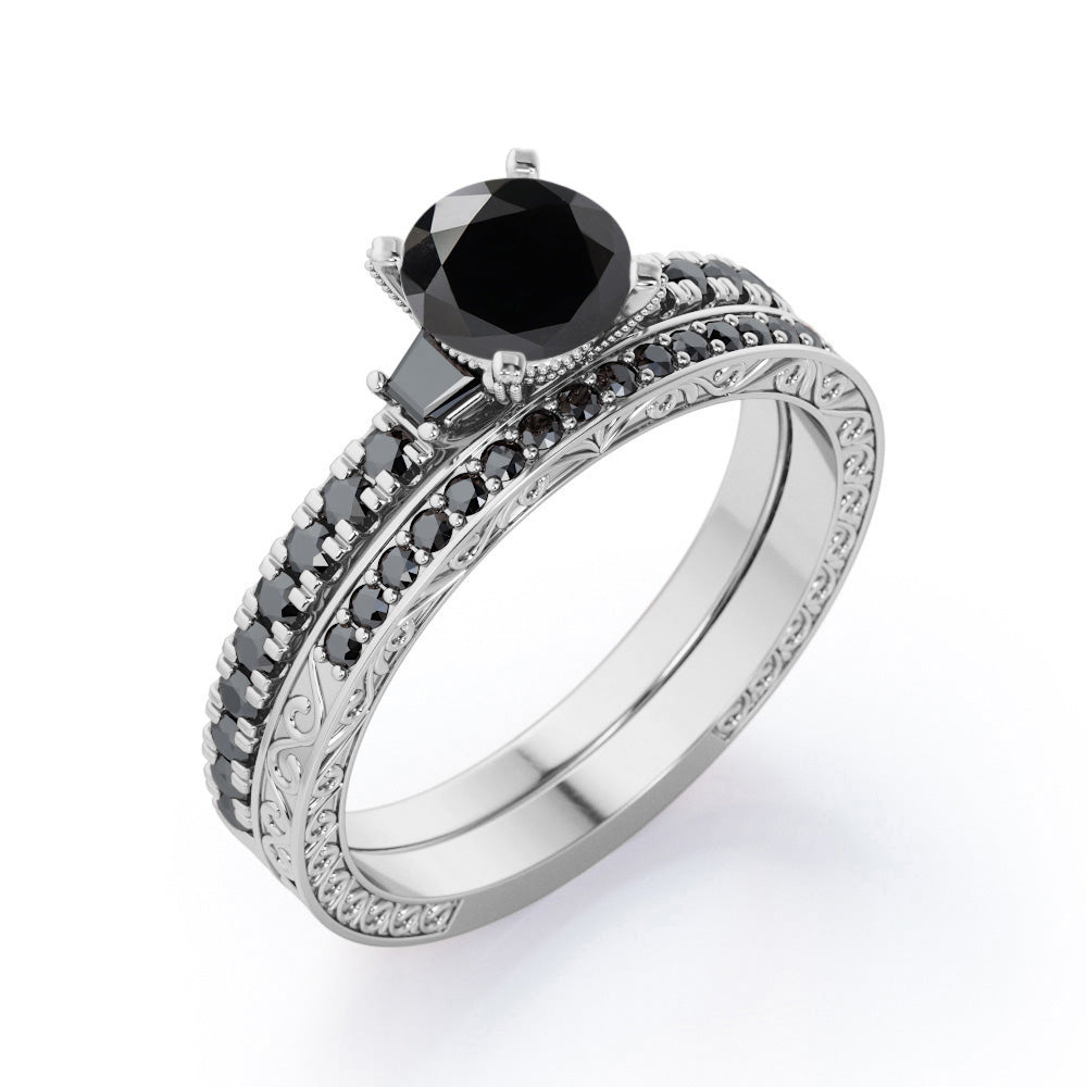 Art Deco Milgrain-Pronged 1.45 TCW Round Brilliant Cut Lab Created Black Diamond Pave Bridal Ring Set in White Gold