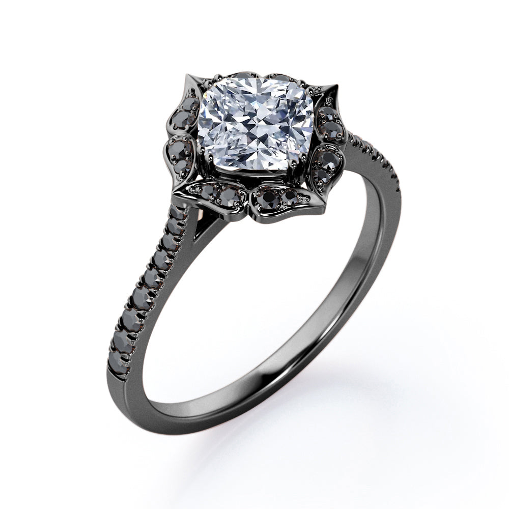 Vintage Filigree Cluster 1.5 TCW Cushion Cut Moissanite with Lab Created Black Diamond Engagement Ring with Pave Accents in Yellow Gold