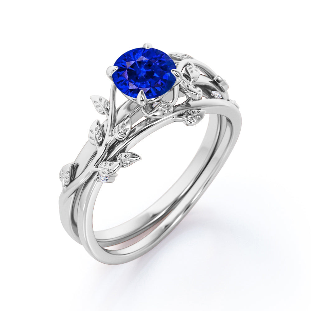 Nature Inspired 1 carat Round cut Lab-Created Sapphire and Diamond Wedding ring set in White Gold