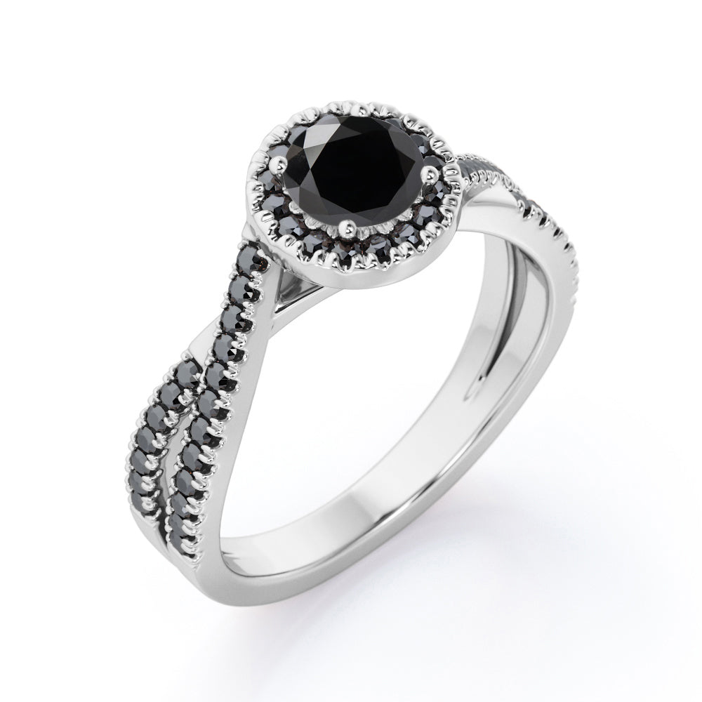 Milgrain Halo - 1.4 TCW Round Cut Lab Created Black Diamond - Infinity Double Strand Engagement Ring in White Gold