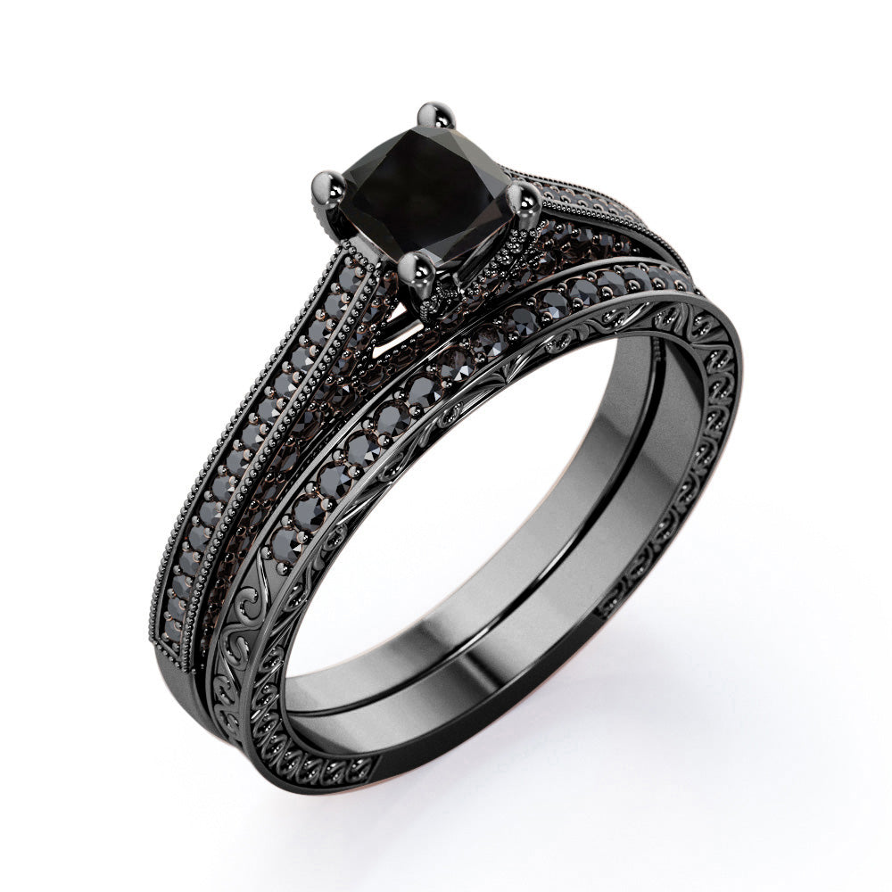 3 Sided Pave 1.55 TCW Princess Cut Lab Created Black Diamond Milgrain Decorated Wedding Ring Set in White Gold